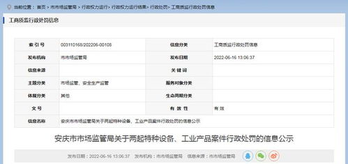 安徽省安慶市市場監(jiān)管局公示兩起特種設(shè)備及工業(yè)產(chǎn)品案件行政處罰信息，強化市場安全監(jiān)管